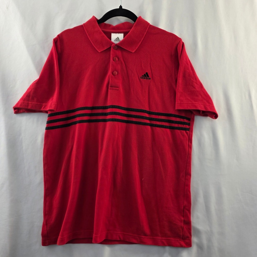Adidas Mens XL Red Black Striped Short Sleeve Pique Polo Shirt Sporty Athleisure
